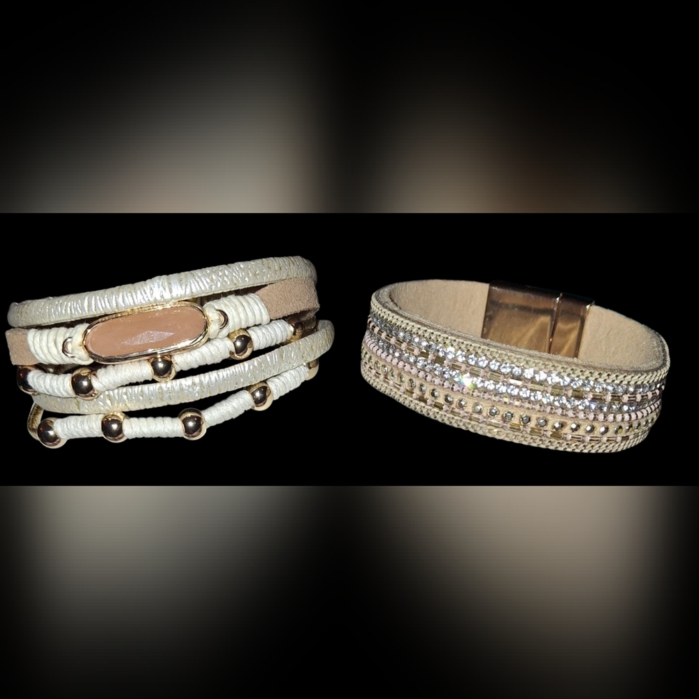 Pair Boho Leather Wrap Magnetic Bracelets In Tan, Cream And Gold EUC - Picture 3 of 12